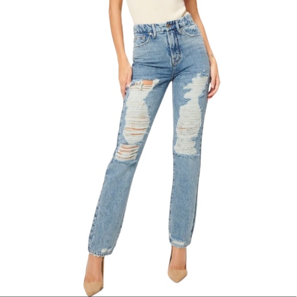 Good American Good Boy Shredded High Waist Boyfriend Jeans in Blue (4) - Picture 3 of 15